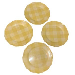 Set of 4 April Cornell Yellow Plaid Scalloped Melamine Dinner Plates  10.5"